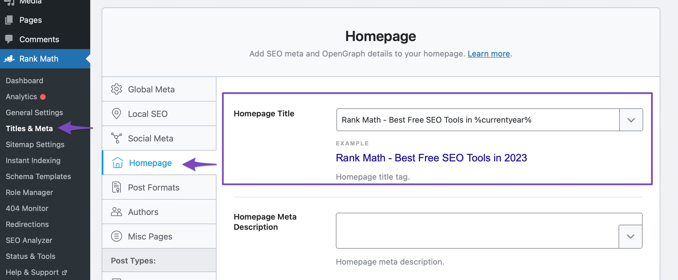 Homepage Title settings in Rank Math