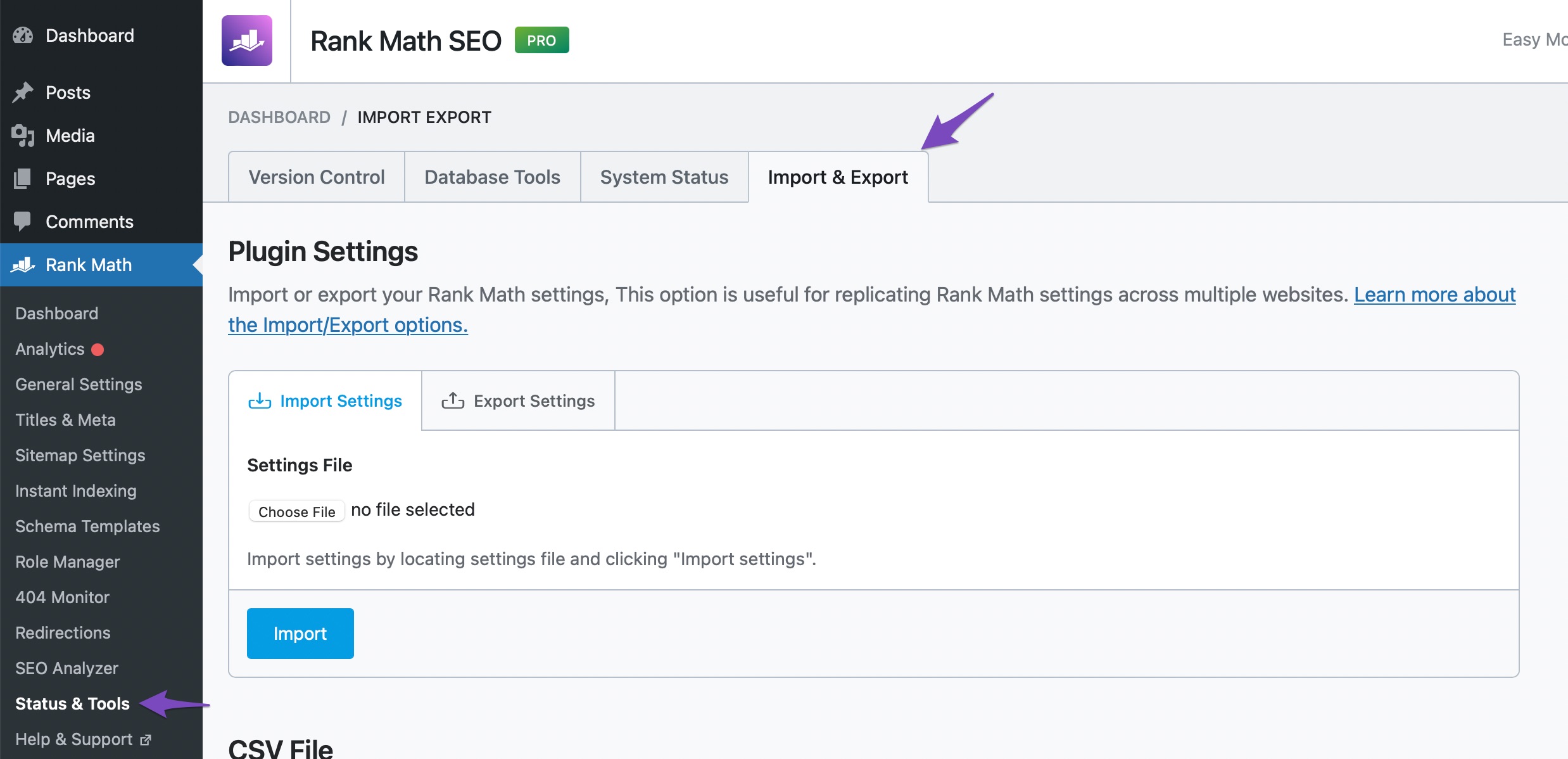 Navigate to Rank Math Import and Export