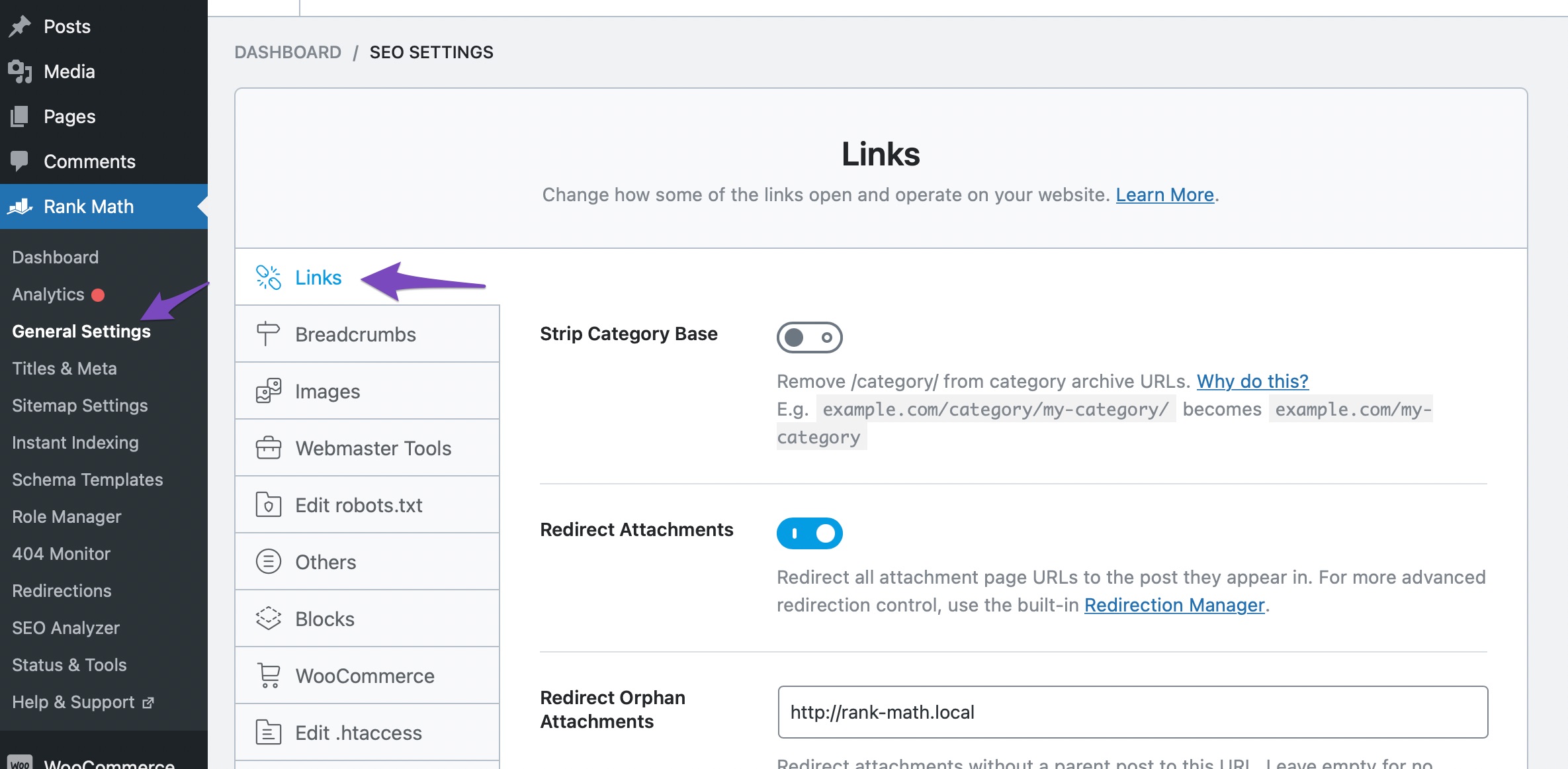 Navigate to Links settings