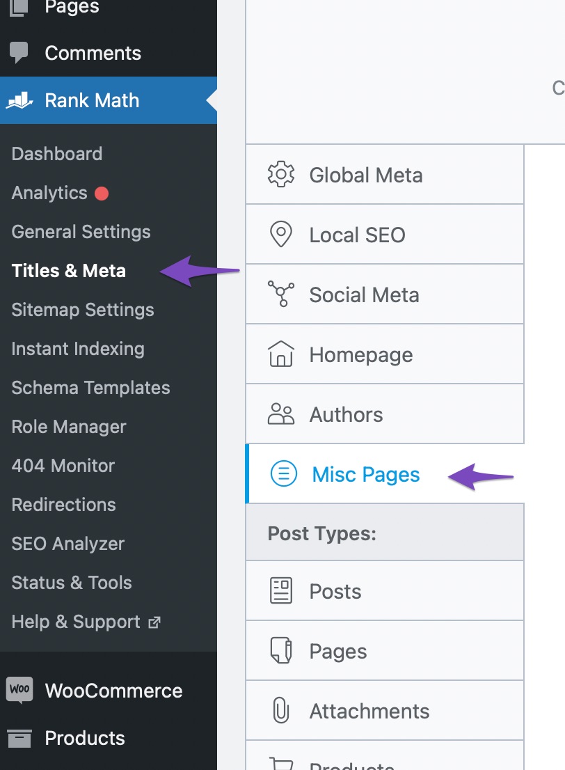Rank Math > Titles and Meta > Misc Pages