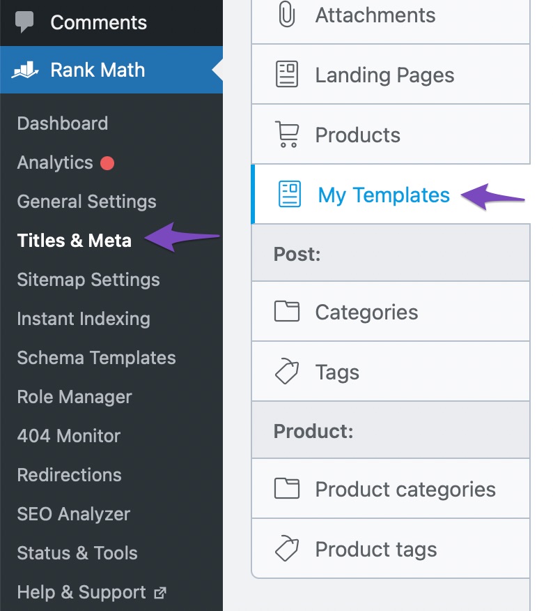 My templates in Rank Math Titles & Meta