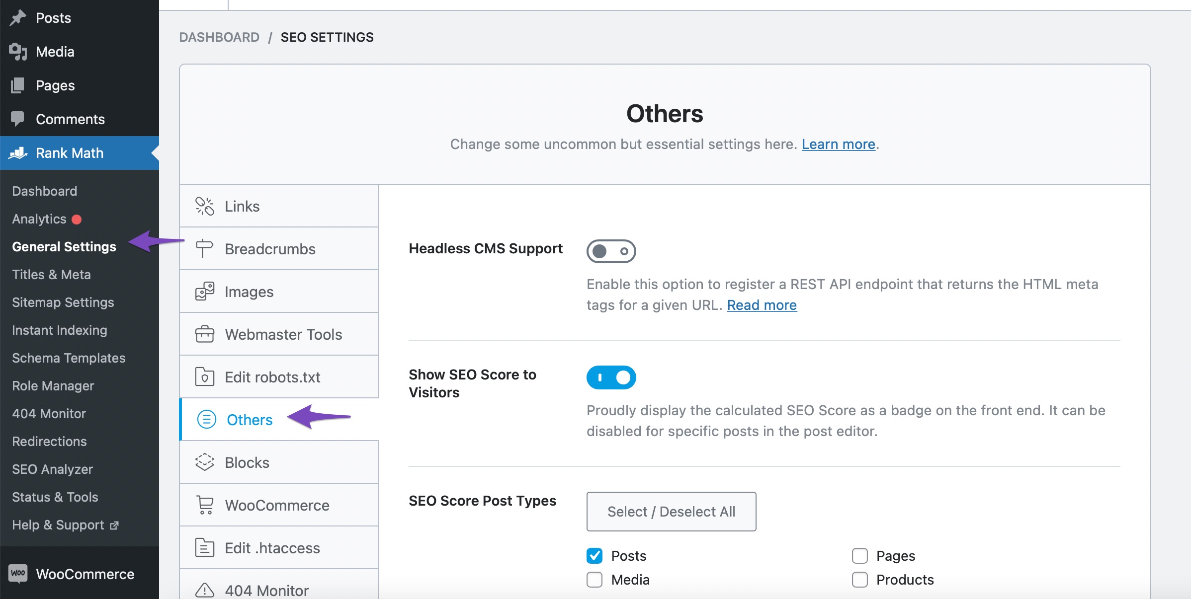 Others section in Rank Math General Settings