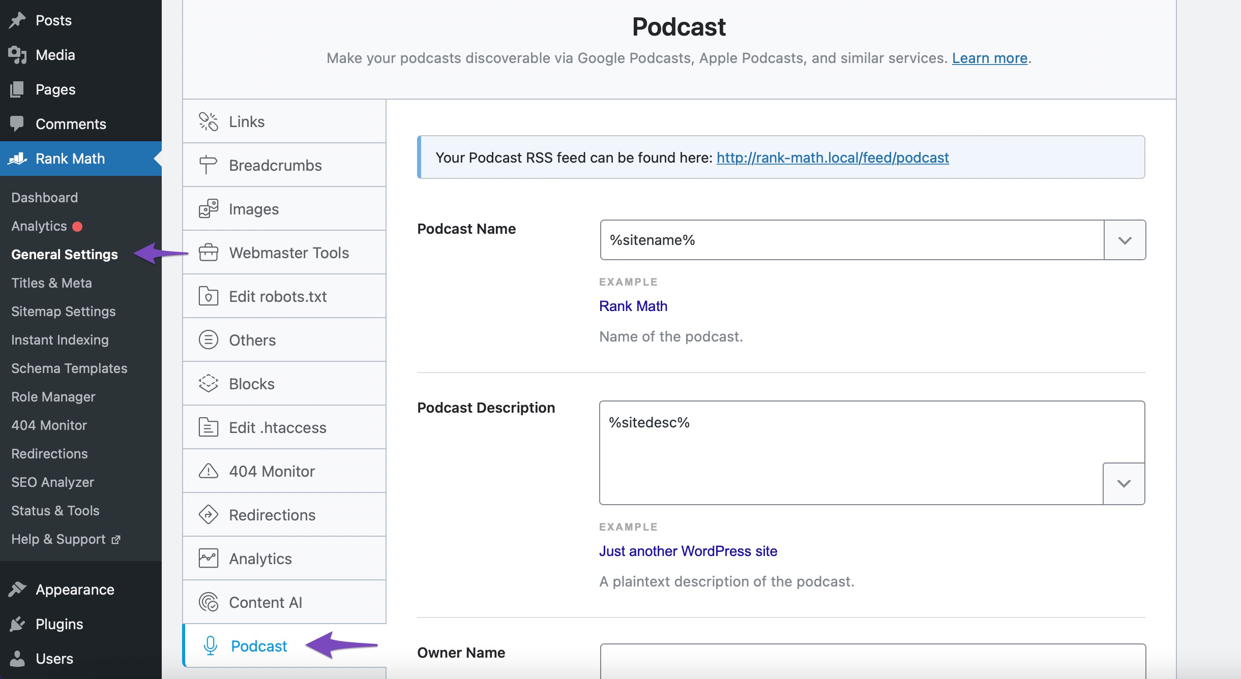 Navigate to Podcast settings