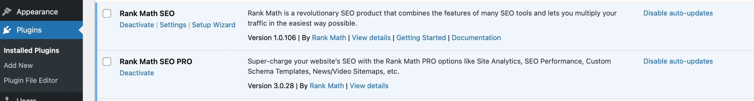 Rank Math plugins updated to the latest version