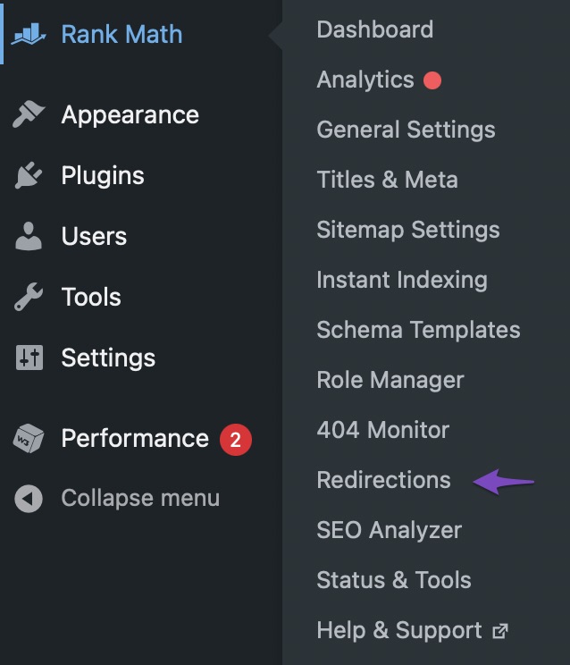 Rank Math Redirections Tab