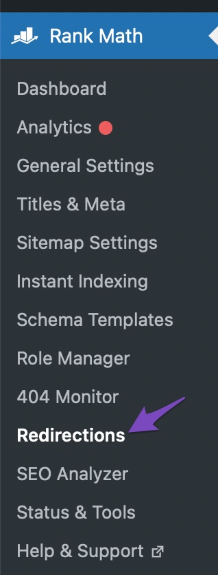 Navigate to redirections in Rank Math