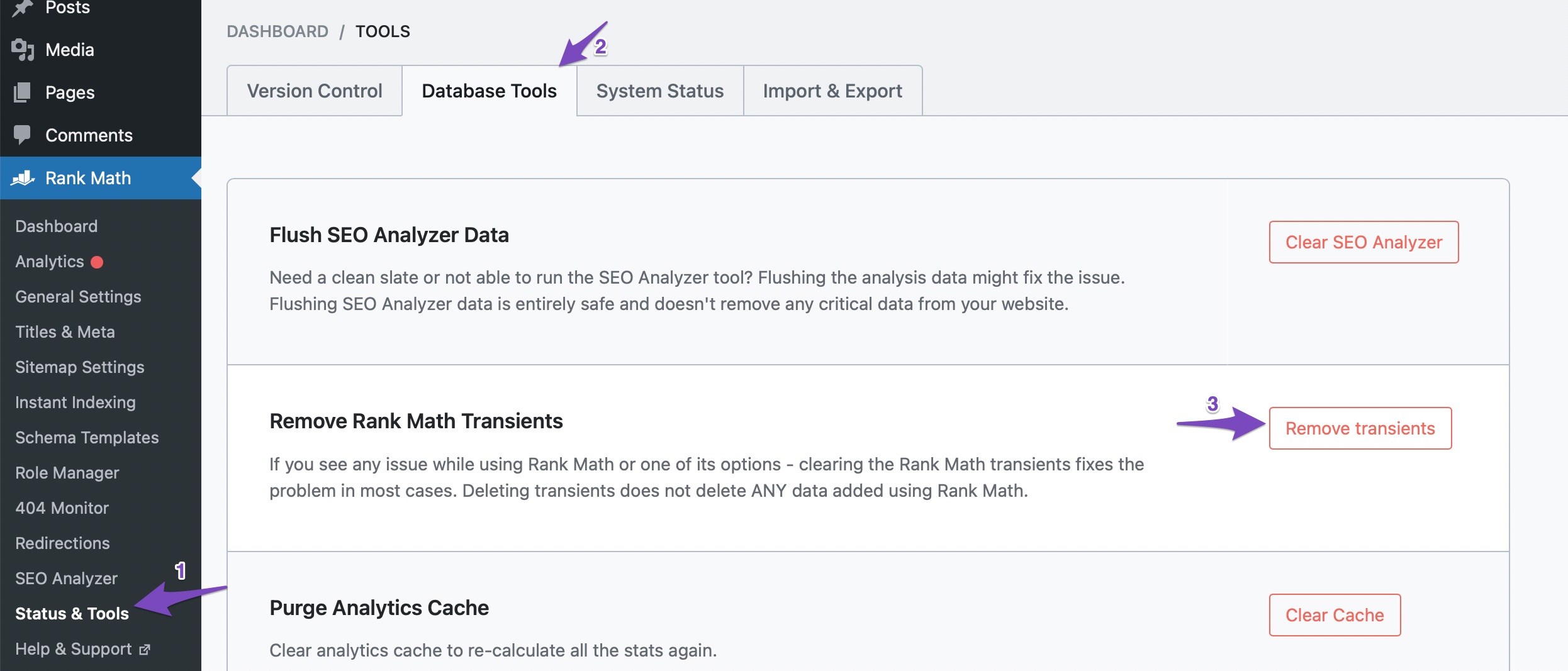 Remove transients in Rank Math