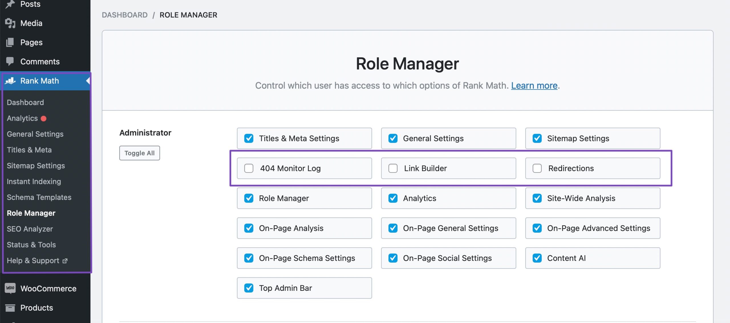 Disable role capabilities with Rank Math Role Manager