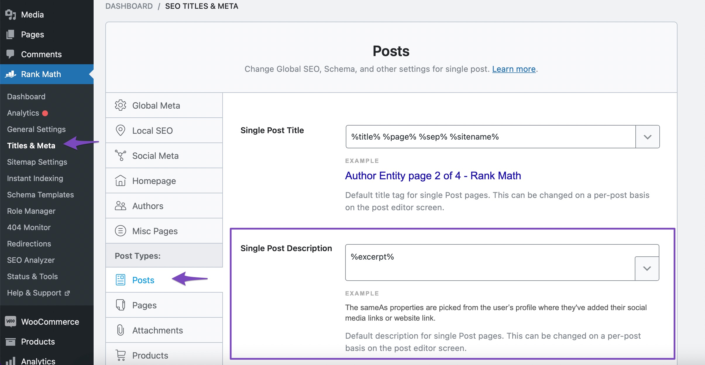 Single Post Description in Rank Math Titles & Meta settings