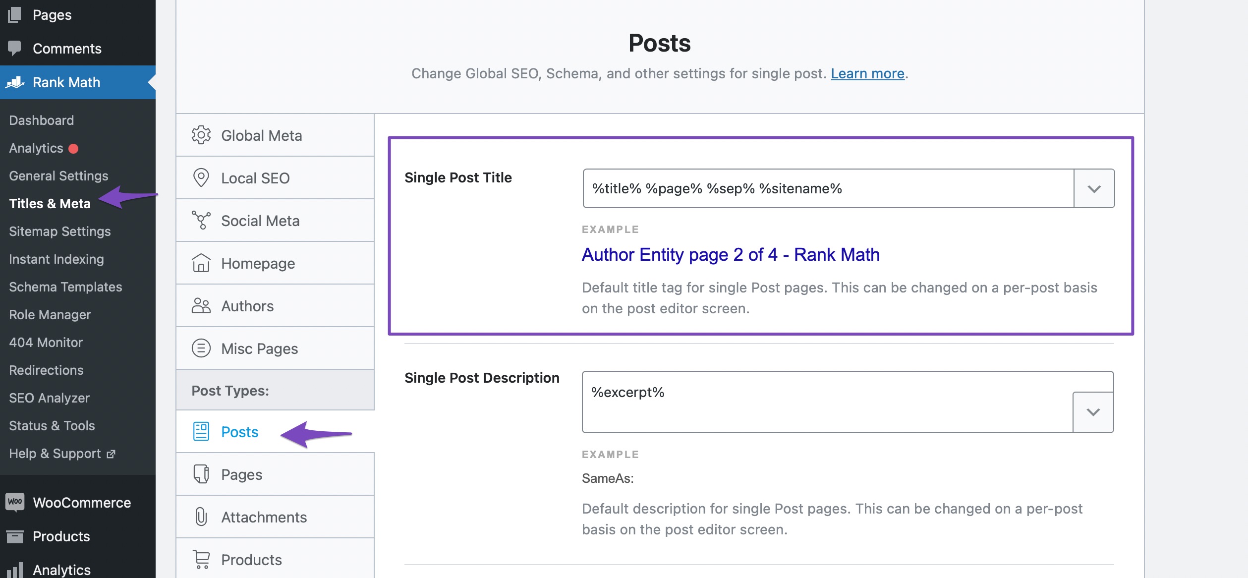 Single post title in Rank Math Titles & Meta settings