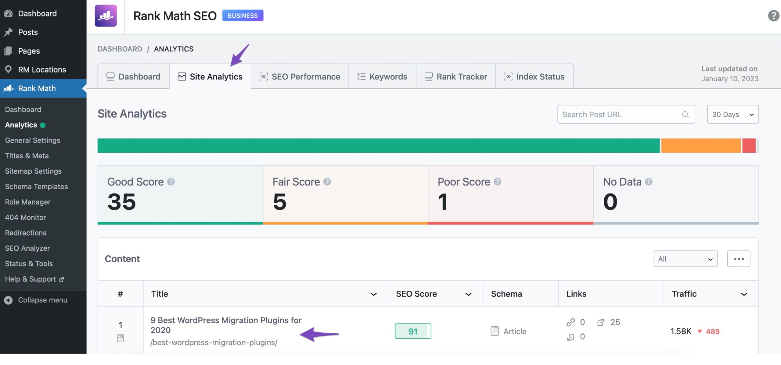 Site Analytics section under Rank Math Analytics