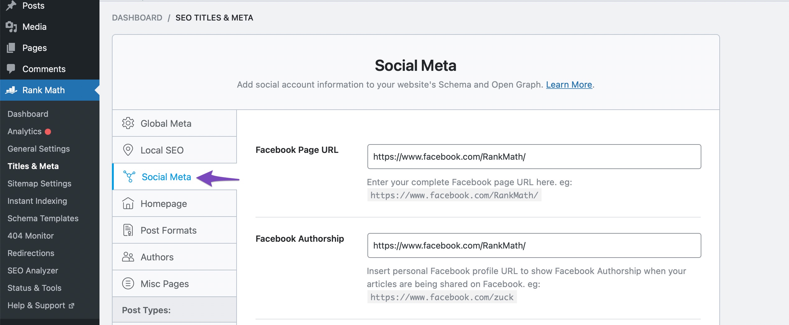 Rank Math Social Meta settings