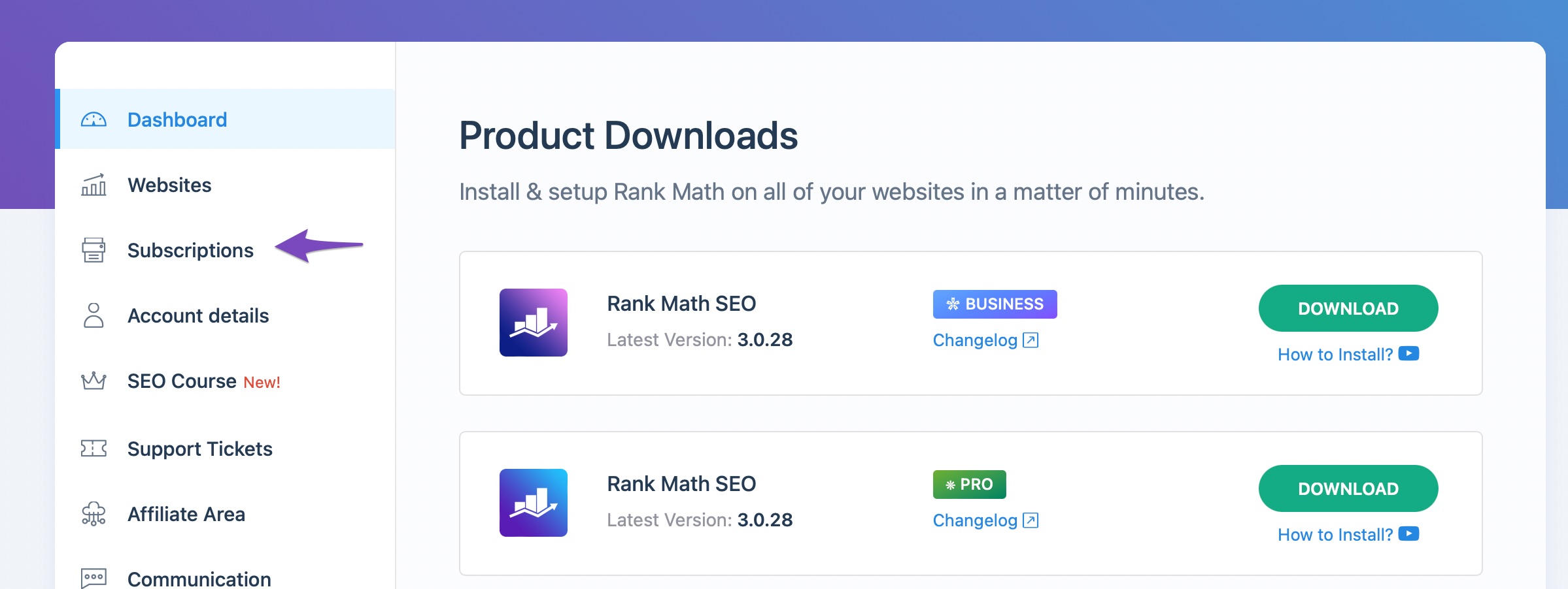 Subscriptions tab in Rank Math account area