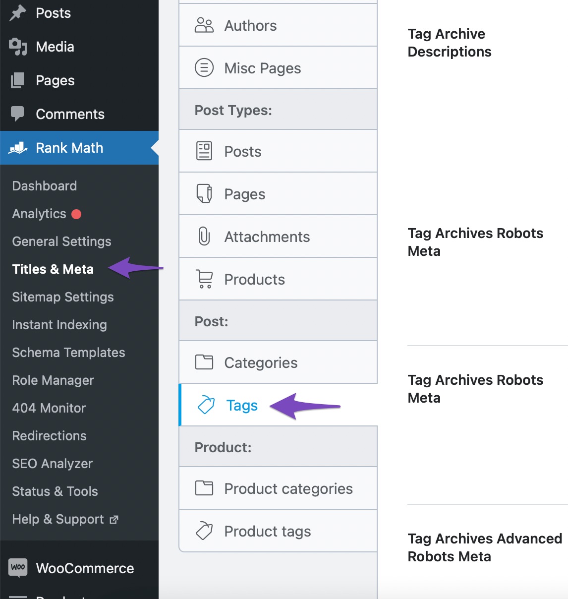 Open Titles & Meta settings for Tags