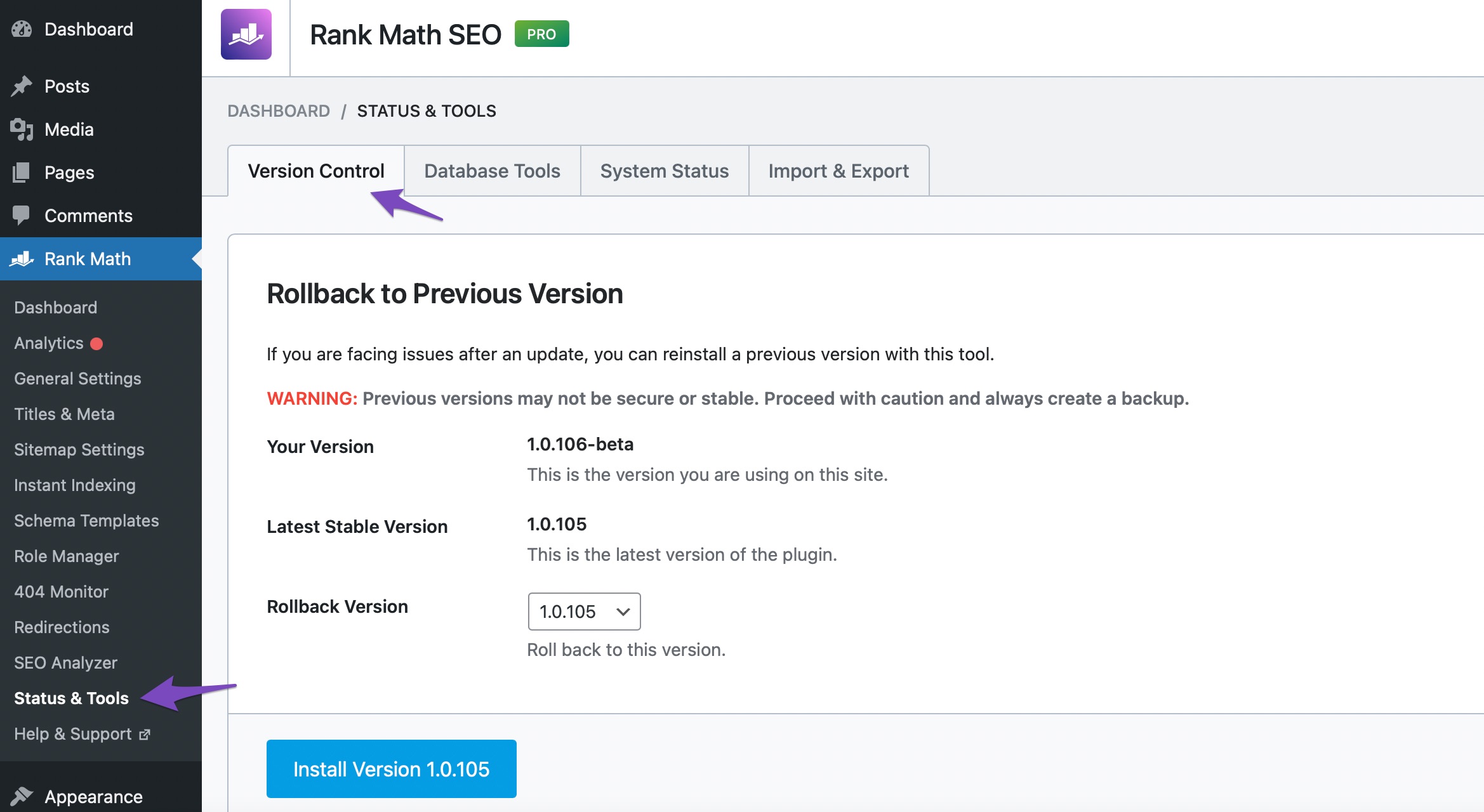 Check Rank Math version from Version Control