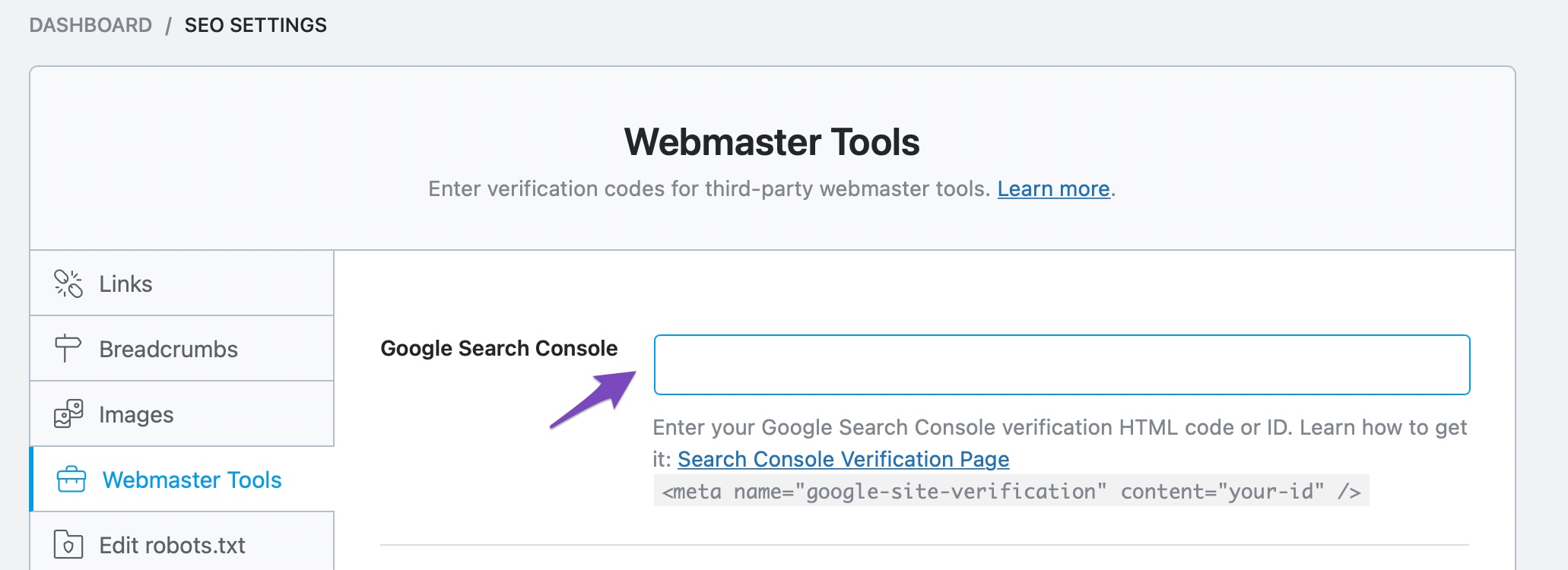 Navigate to the Webmaster Tools