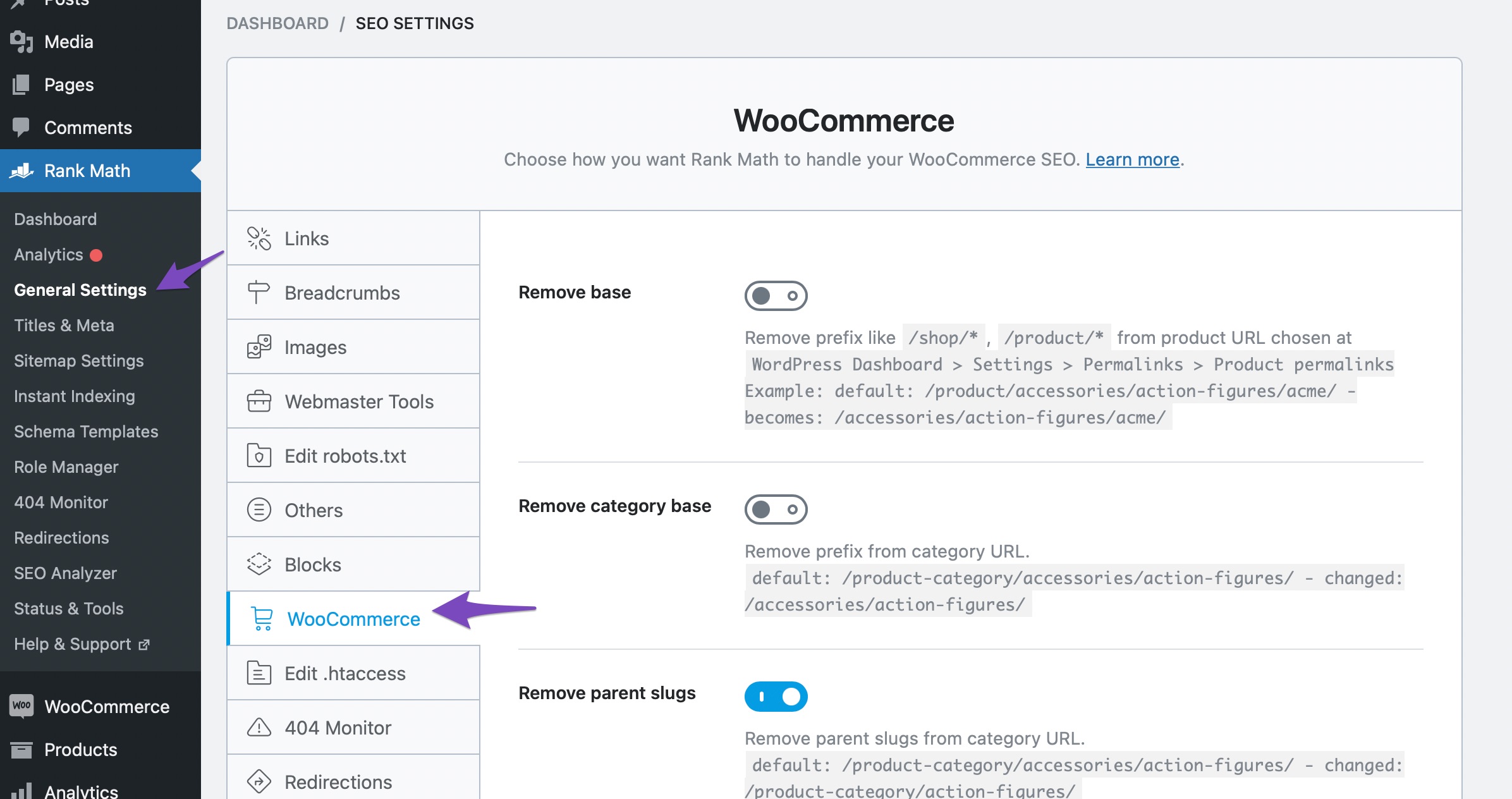 WooCommerce settings in Rank Math