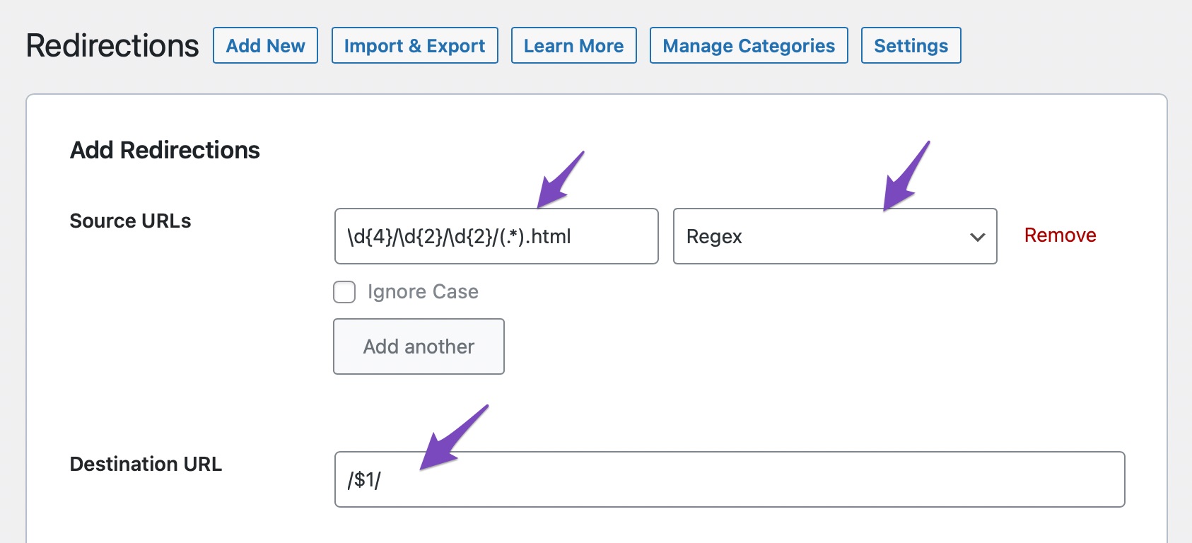 Add the Regex code to the Destination URL