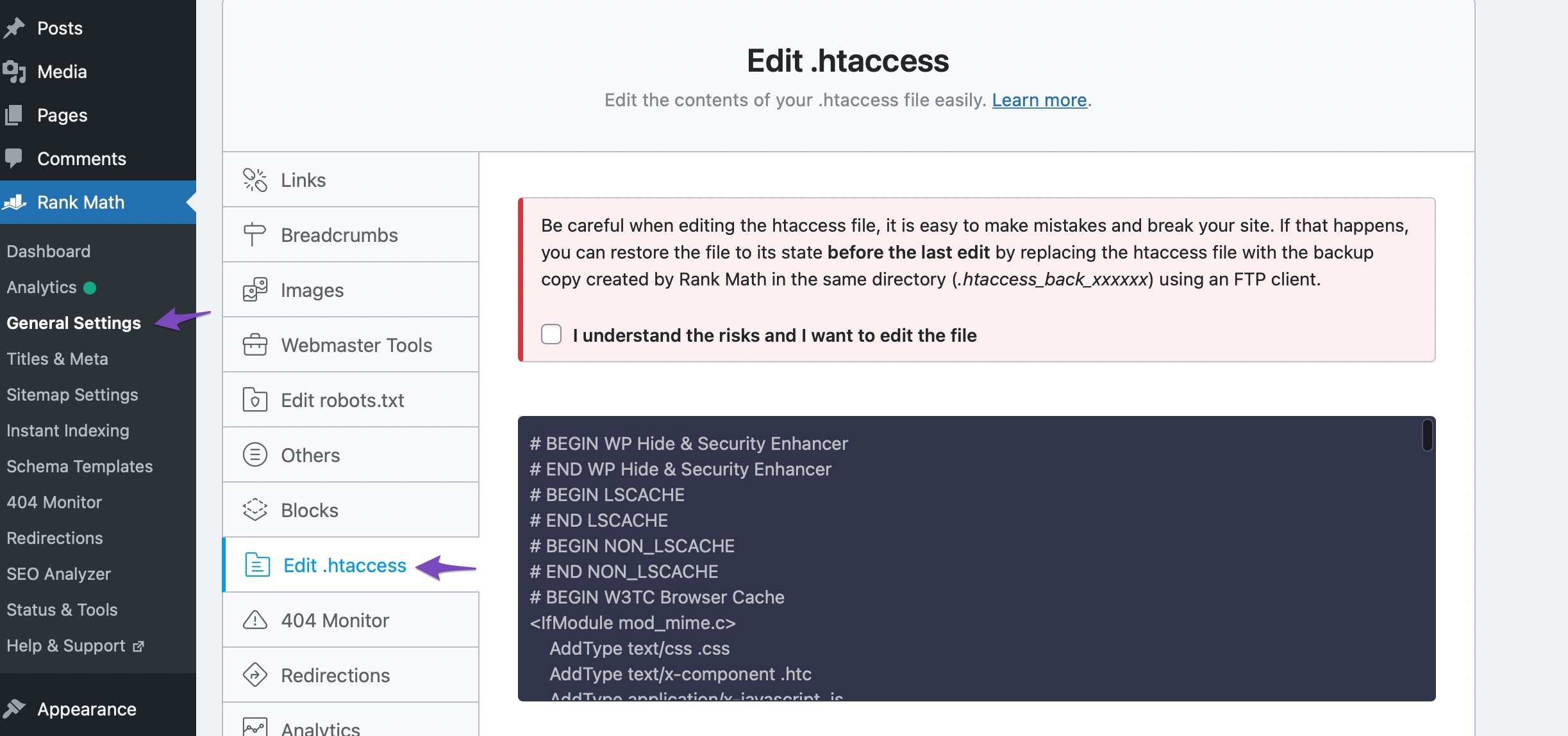Edit .htaccess file in Rank Math