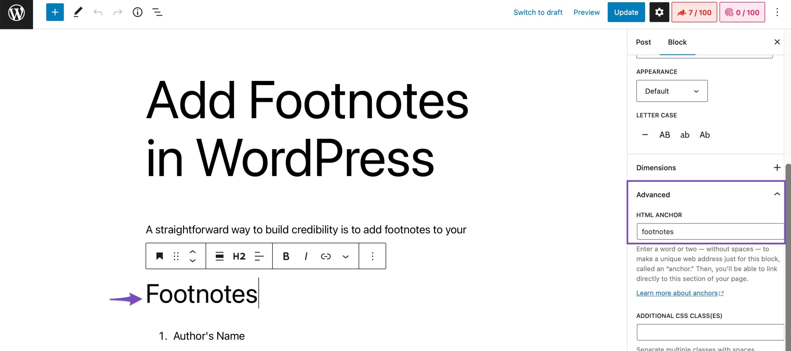 Create a Footnotes section and add an HTML anchor
