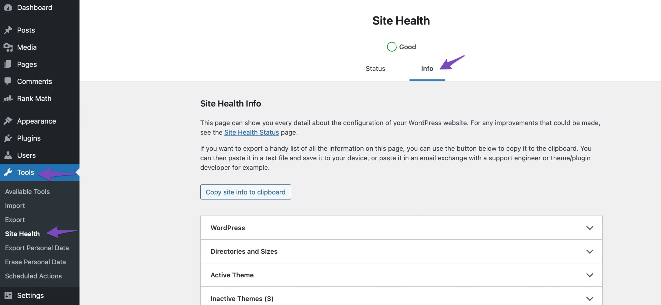 Navigate to Info from your WordPress dashboard