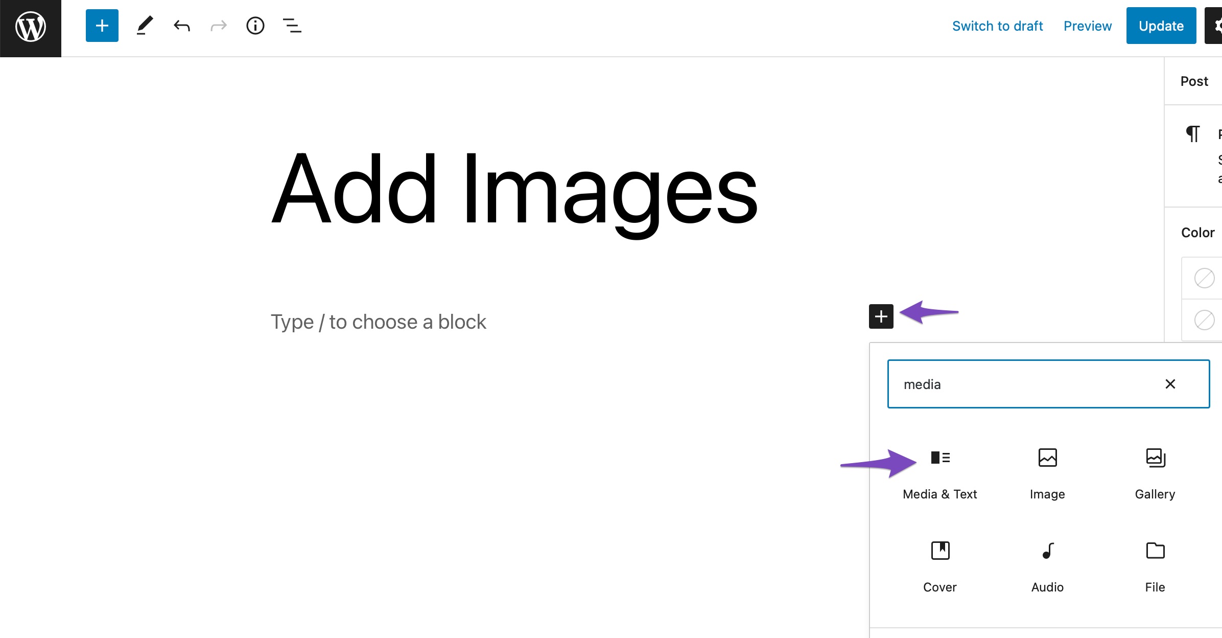Add Media & Text block to your post/page