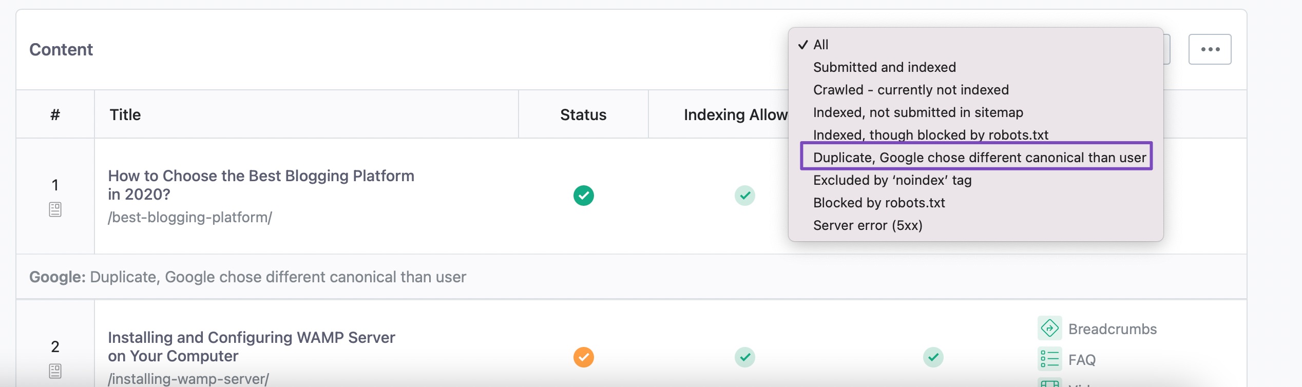 index status using the drop-down menu