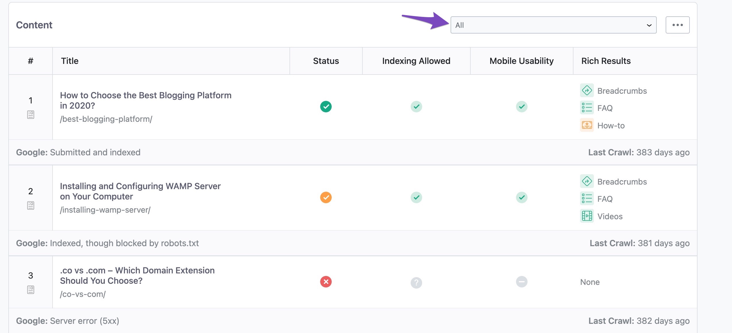 Index status drop-down