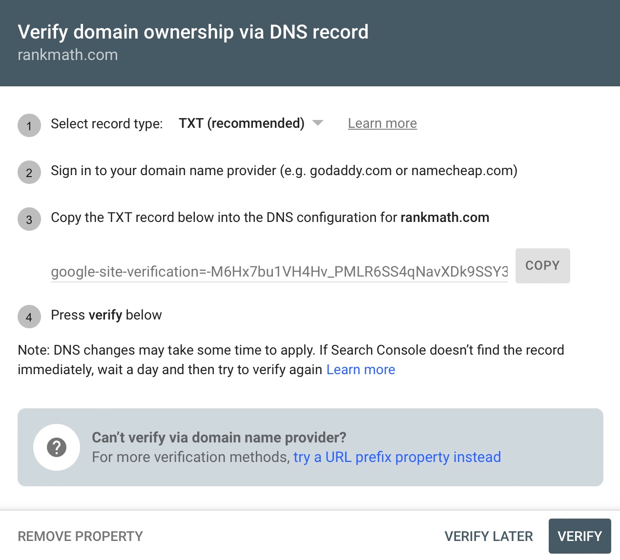 methods to verify property in search console