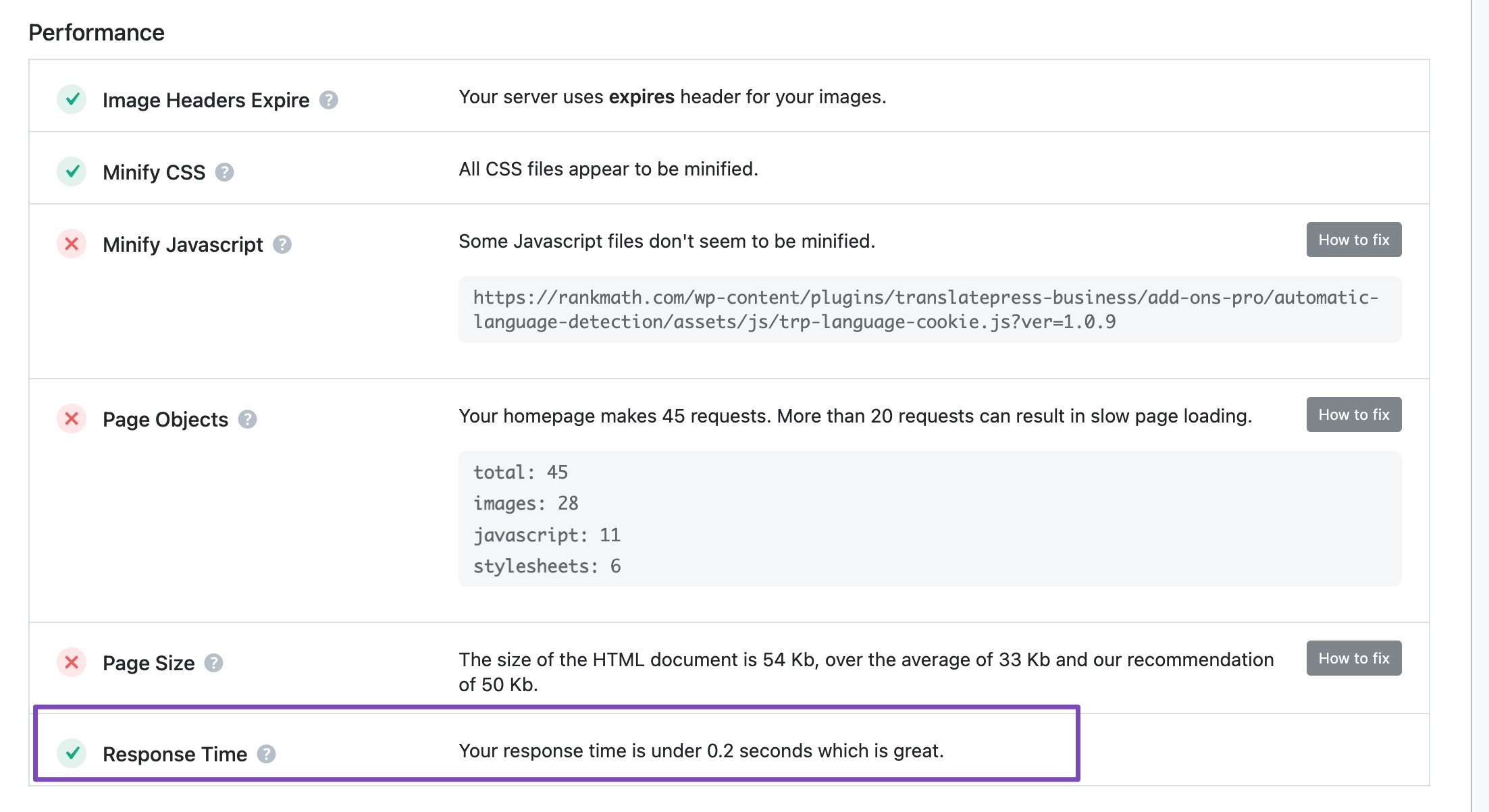 server response time check-in rank math