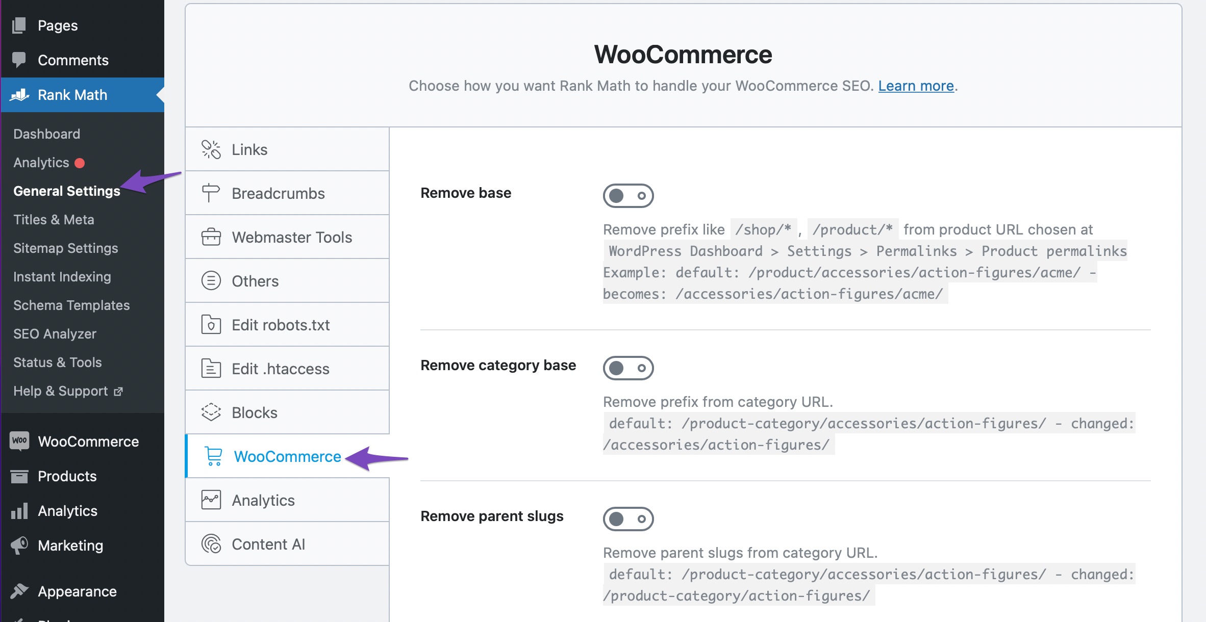 WooCommerce settings in Rank Math to optimize a category page.