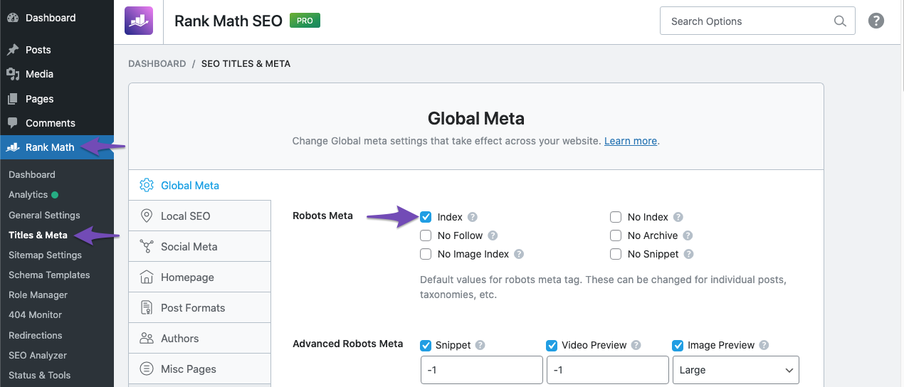 Index Titles and Meta settings