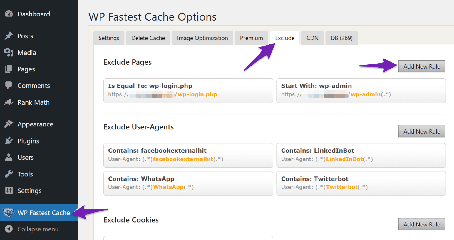 Navigate to Excludes in WP Fastest Cache