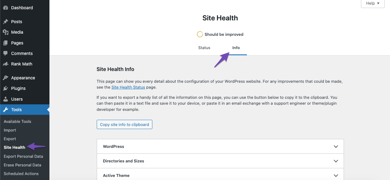 Navigate to Info on Site Health