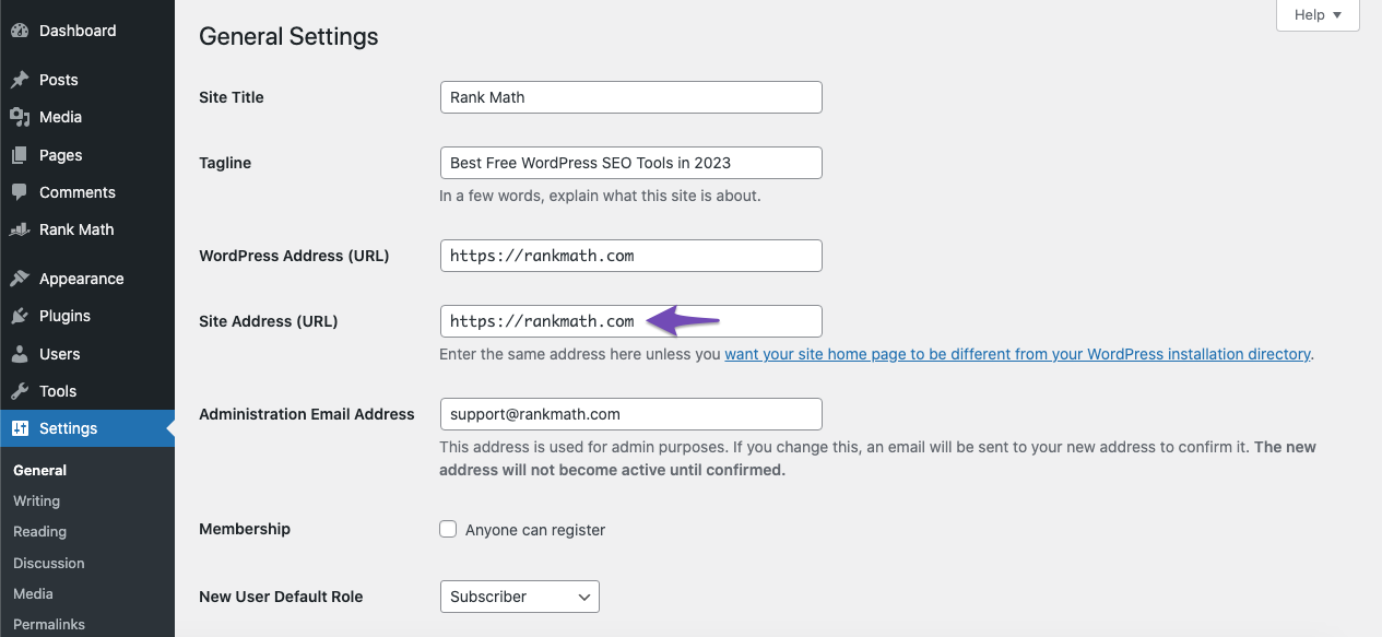 Site Address in WordPress