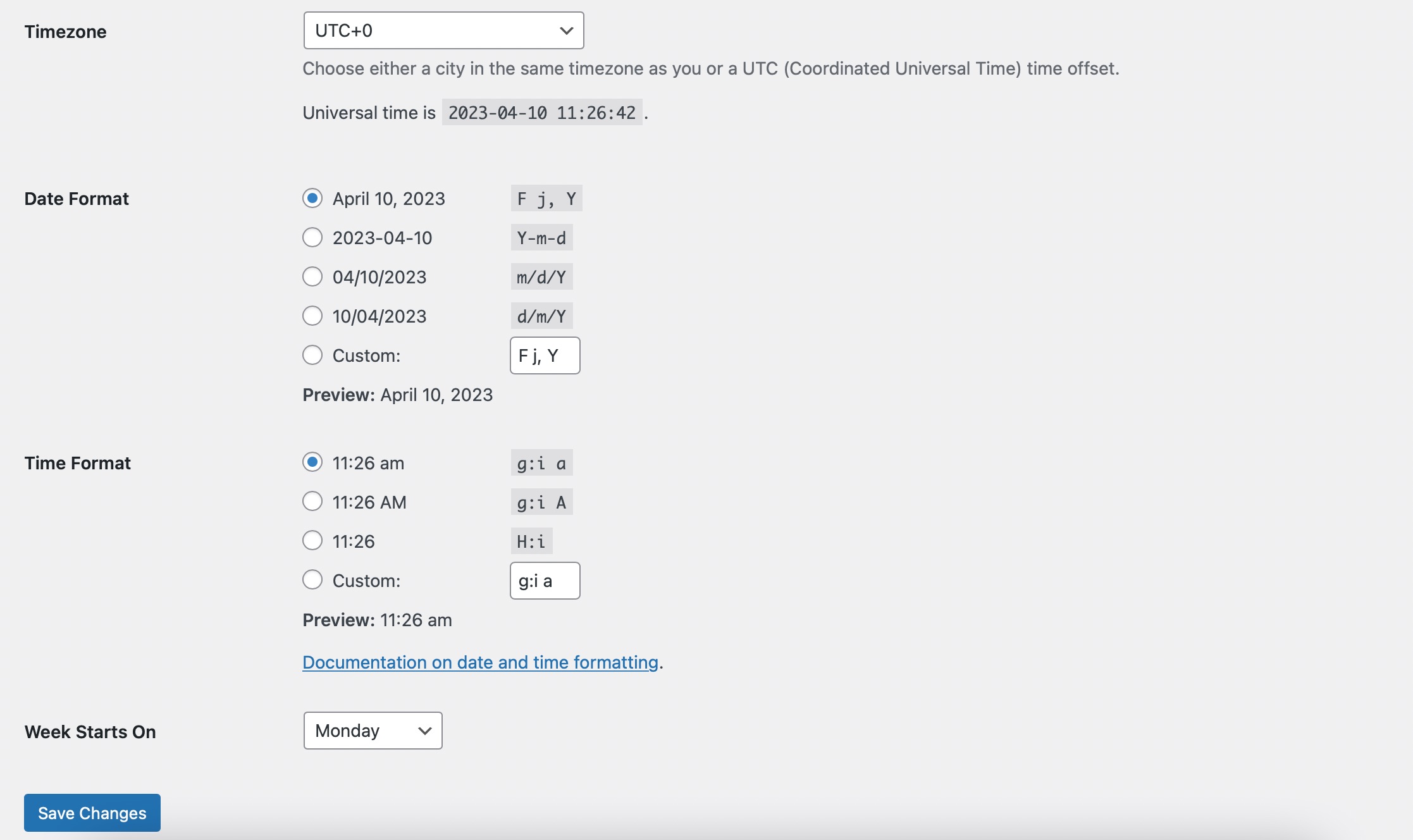 change the date and time format in WordPress