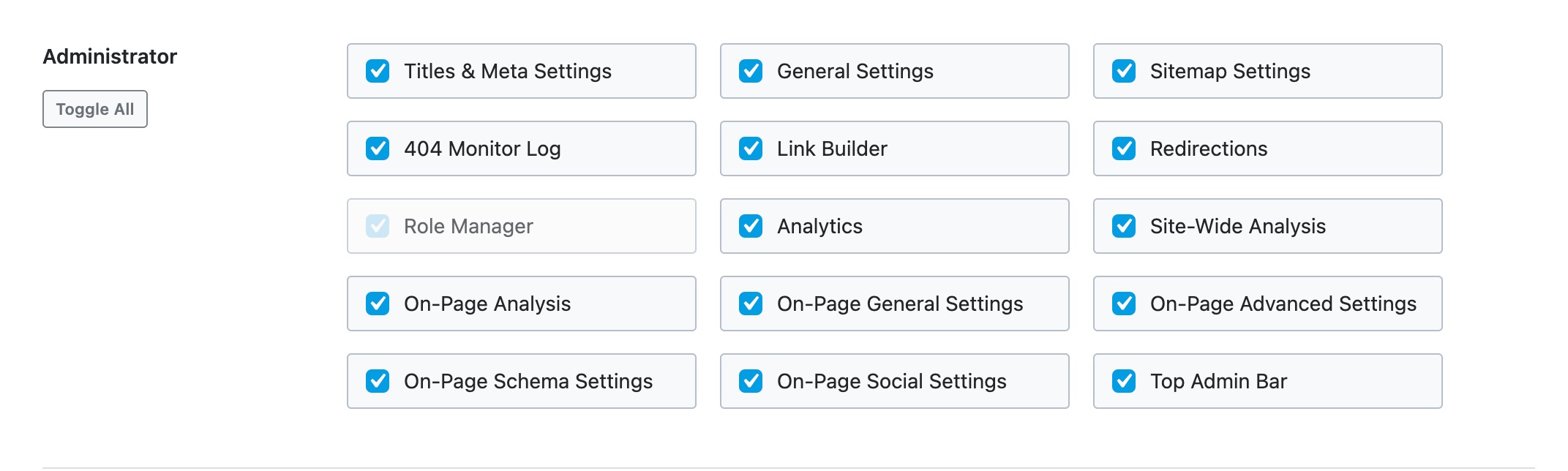 Rank Math Role Manager settings for administrator