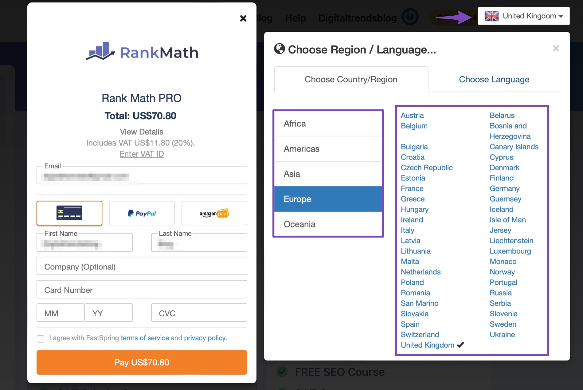 Select region and country