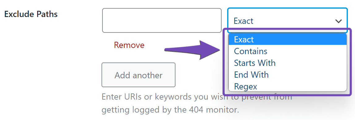 404 Monitor Exclude Paths dropdown menu