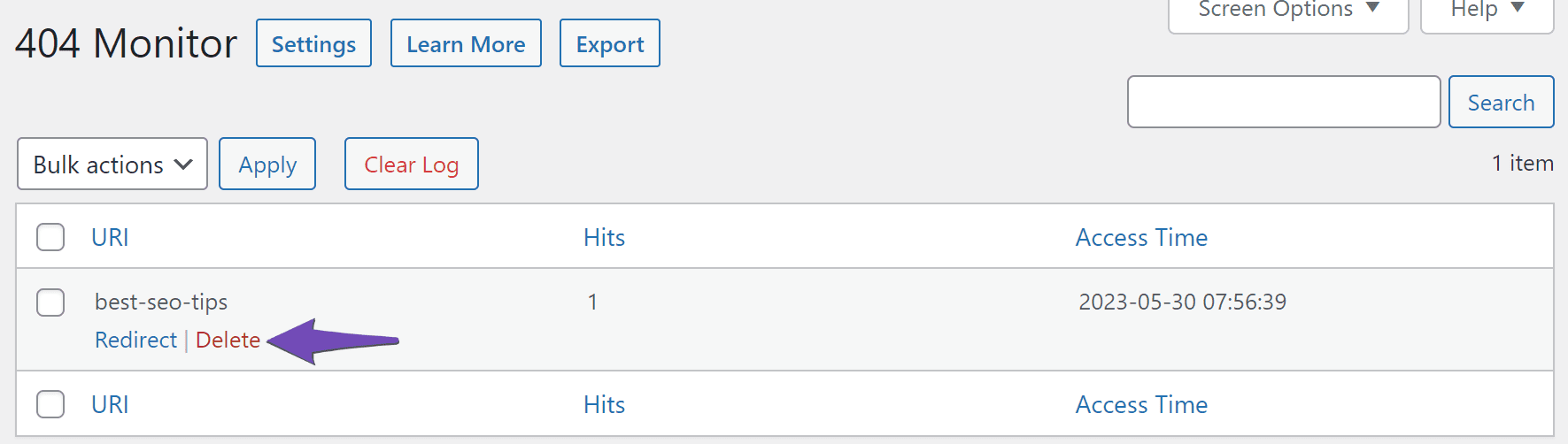 Click Delete to delete a 404 Monitor log