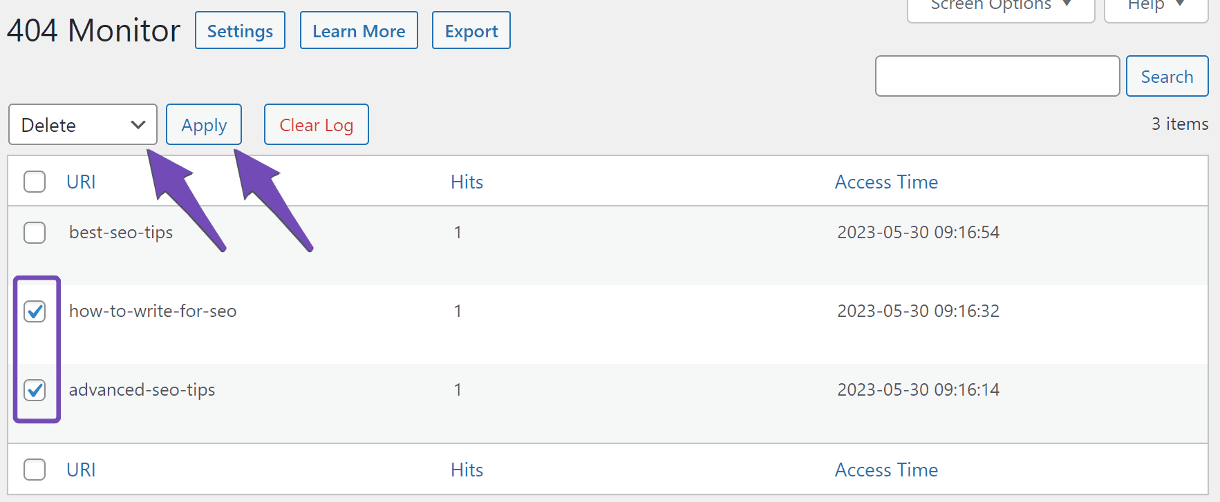 How to delete multiple 404 Monitor logs