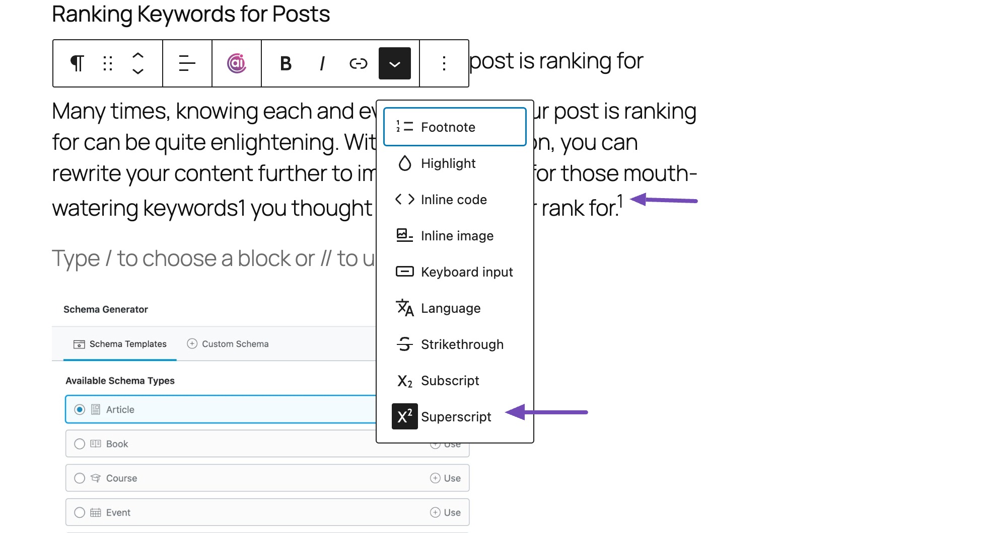 Add superscript to the paragraph block