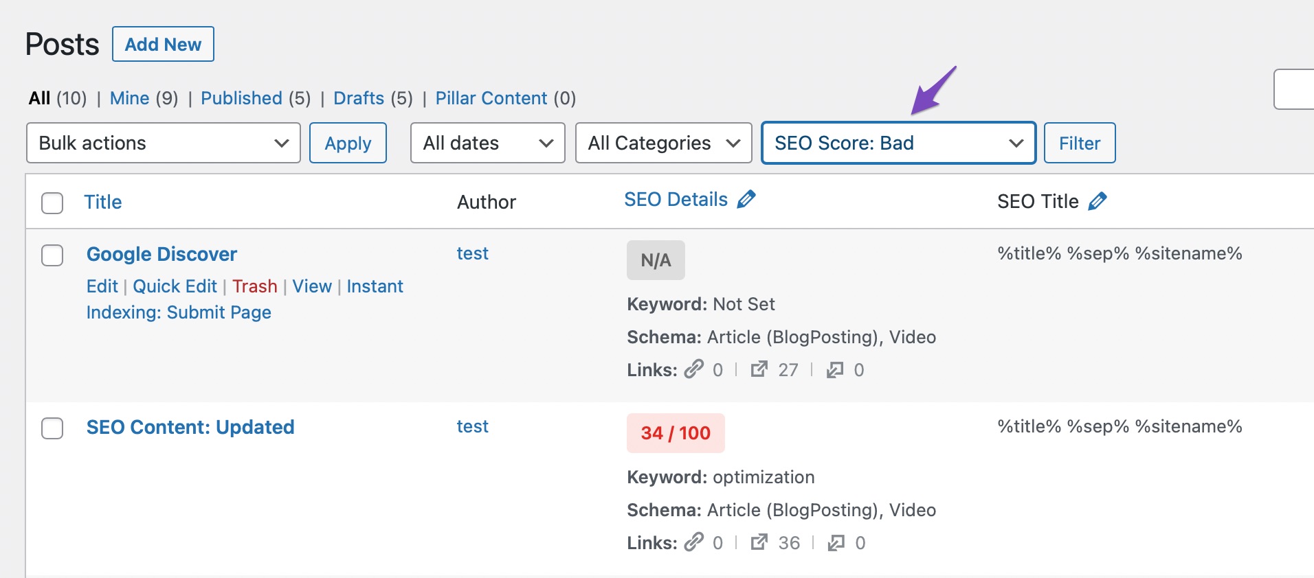 Filter posts by bad seo score