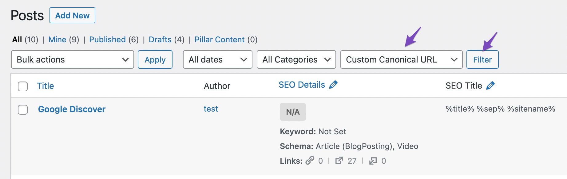 Filter by posts with custom canonical URL set