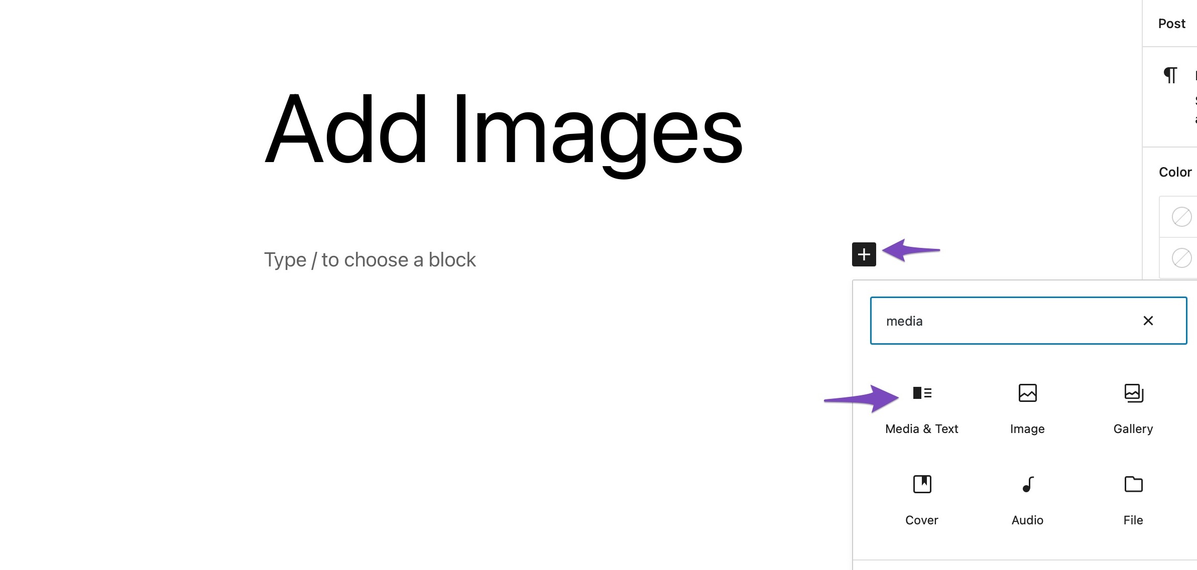 Add Media & Text block to your post/page