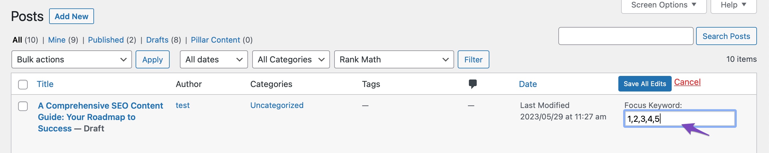 Adding multiple focus keywords in SEO details column