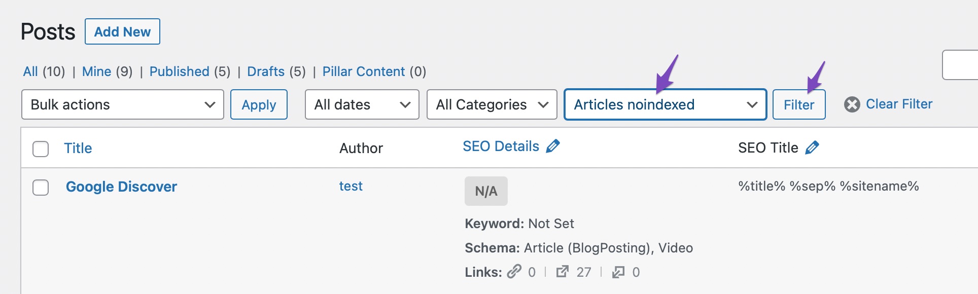 Filter by noindexed articles