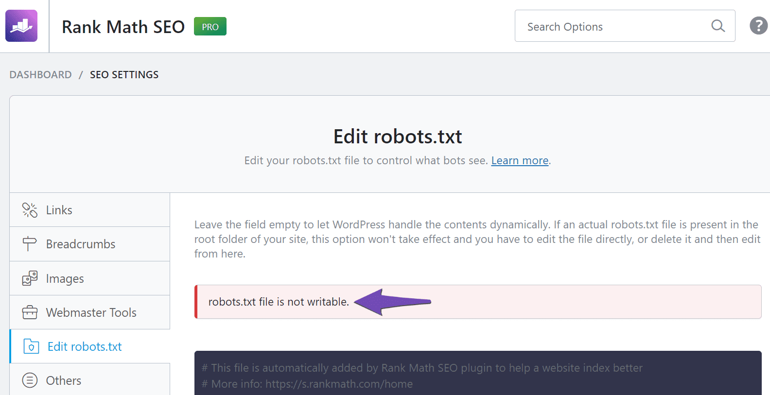 robots.txt file is not writable error