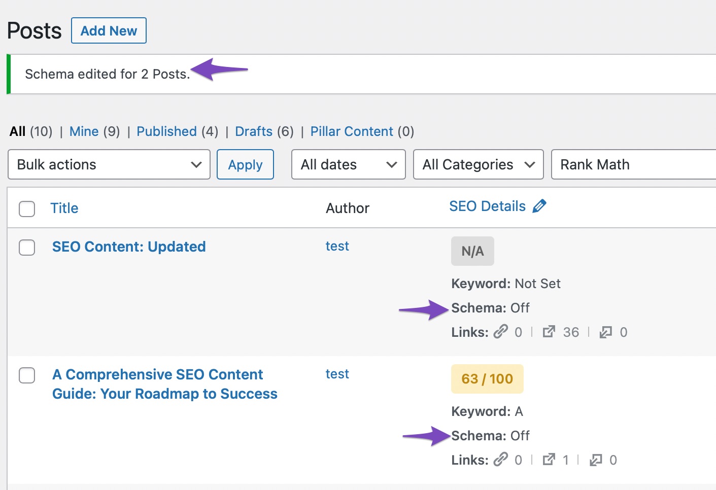 Schema removed from posts using bulk actions.