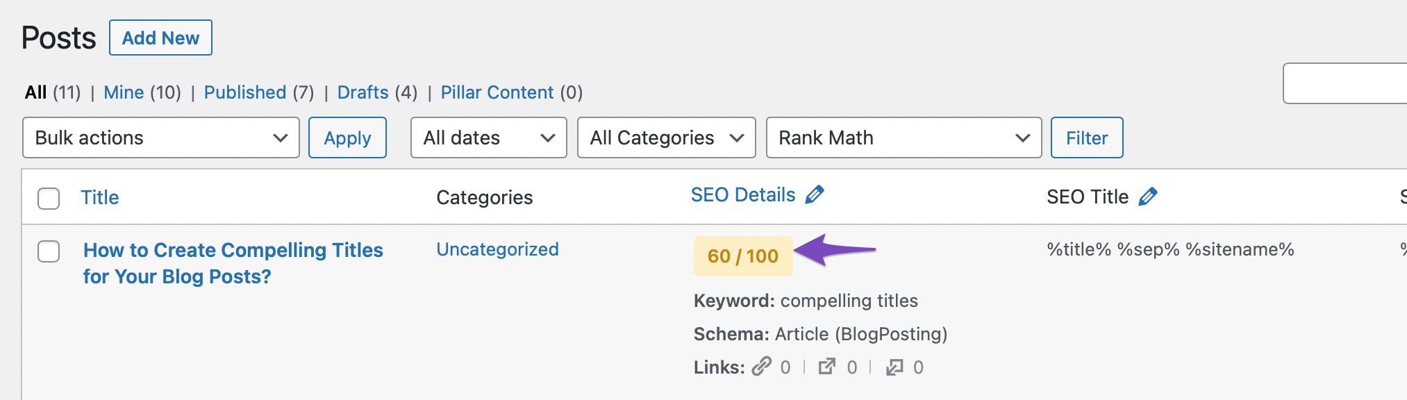 Updated SEO score on the post list view